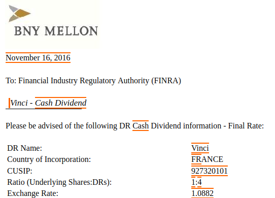 Corporate action notice tagged with iXBRL concepts